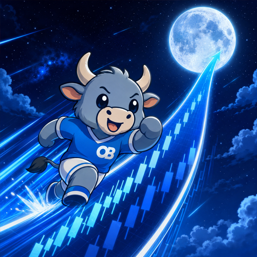 OnlyBulls mascot charging to the moon on a candle chart
