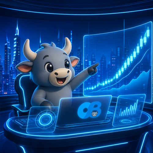 OnlyBulls mascot pointing at a rising chart