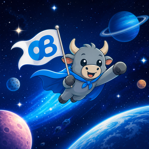 OnlyBulls mascot flying through space with the OB flag