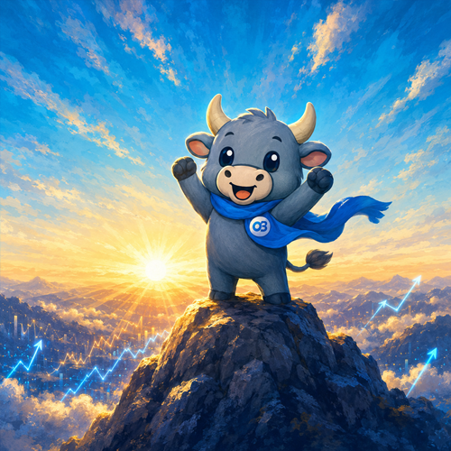 OnlyBulls mascot on a mountain peak at sunrise