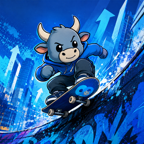 OnlyBulls mascot skateboarding through a neon city